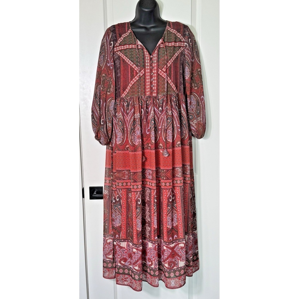 Gibson Latimer Paisley Boho Tiered Maxi Dress Long Sleeve V Neck Red S